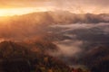 Scenic view of wooded Alps mountains at sunrise, amazing autumn landscape, outdoor travel background Royalty Free Stock Photo