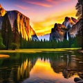 Scenic view of yosemite national park during sunrise in landscape comic Digital illustration