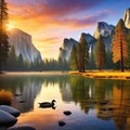 Scenic view of yosemite national park during sunrise in landscape comic Digital illustration