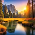 Scenic view of yosemite national park during sunrise in landscape comic Digital illustration