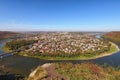 Scenic view of Zalishchyky town and Dnister River. Autumn landscape. Ternopil region, Ukraine Royalty Free Stock Photo