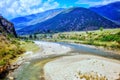 The scenic views of the Punakha valley , Pho Chhu river and surrounding mountains. Royalty Free Stock Photo