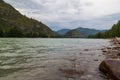 Scenic views of the Turquoise Katun river and the Altai mountains in autumn, Russia. Beautiful landscape Royalty Free Stock Photo