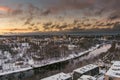 Scenic Vilnius city panorama in winter, Zirmunai district of a town. Aerial sunset view. Winter city scenery in Lithuania