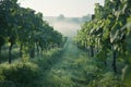 Scenic vineyard row in misty morning light Royalty Free Stock Photo