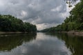 Scenic Wabash river vista in the summer set against dramatic sky, Indiana