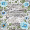 Scenic watercolor background frame with blue flowers and leaves