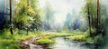 Scenic watercolor illustration of road and river in lush green forest during summer Royalty Free Stock Photo