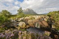 Scenic waterfall of River Coupall in Glen Etive in the moorlands of Buachaille Etive Mor, Scotland Royalty Free Stock Photo