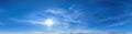 Scenic wide panorama of sunny summer sky in Northern Europe, Scandinavia. Sweden. Sun rays on blue sky with cirrus clouds. Royalty Free Stock Photo