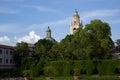 Scenic wiev ot italian historical gardens with baroque bells tower