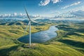 Scenic wind turbines over green hills Royalty Free Stock Photo