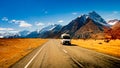 Scenic winding road along Lake Pukaki to Mount Cook National Park, South Island, New Zealand.