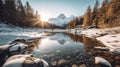 Scenic winter landscape featuring a tranquil river surrounded by evergreen trees. AI-generated. Royalty Free Stock Photo