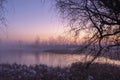 Scenic winter landscape with a lake at sunset