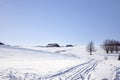 Scenic winter landscape, mountains covered with white snow, dark trees and path in snow leading to the wooden house. Snowy hills. Royalty Free Stock Photo