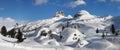 Scenic winter landscape at Passo Falzarego near Cortina d`Ampezzo. From left to right, Cinque Torri group, Averau and Col Gallina