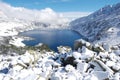 Scenic winter landscape in Poland, High Tatras featuring mountain ranges and a body of water Royalty Free Stock Photo