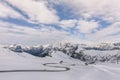 Scenic winter landscape with slopes in the mountains, Giau Pass ital. Passo di Giau, Italy