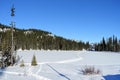 A scenic winter landscape view of cross country skii trackers on top of a frozen lake covered in snow and surrounded by evergreen Royalty Free Stock Photo