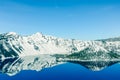 Scenic winter mirror reflection of snowcap mountain and Wizard Island on Crater Lake Royalty Free Stock Photo