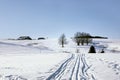 Scenic winter landscape, mountains covered with white snow, dark trees and path in snow leading to the wooden house. Snowy hills u Royalty Free Stock Photo