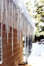 icicles hang on a brick wall in the snow of the back of a house