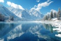 Scenic winter vista Serene lake framed by snow capped mountains Royalty Free Stock Photo