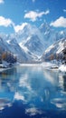 Scenic winter vista Serene lake framed by snow capped mountains Royalty Free Stock Photo