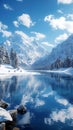 Scenic winter vista Serene lake framed by snow capped mountains Royalty Free Stock Photo
