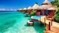 Scenic wooden walkway over turquoise ocean to overwater bungalows at tropical resort