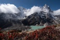 Scenics view of cholatse 6,440 m and taboche 6,542 m path of mahalangur himal with Chola lake near zongla village at khumjung Royalty Free Stock Photo