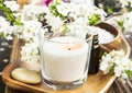 Scent Candle,Flowers and Essence Spa and Aromatherapy Setting Royalty Free Stock Photo