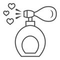 Scent of love from bottle thin line icon, Valentines Day concept, perfume bottle with hearts sign on white background Royalty Free Stock Photo