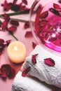 Scented candle and dry petals on pink background; wellness or sp Royalty Free Stock Photo