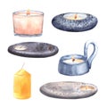 Scented candle from the spa set. Watercolor illustration isolated on a white background. F