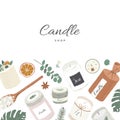 Scented candles card template, vector frame with copy space decorated with soy wax perfumed candles illustrations Royalty Free Stock Photo