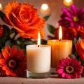 Scented candles with flowers, warm love glowing romantic celebration scene