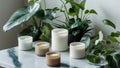 Scented Candles and Houseplants on Marble Tabletop Royalty Free Stock Photo