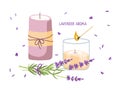 Scented candles with lavender plant. Candle in glass jar, wax cylindrical candle, lavender bouquet. Wax Burning, extinct