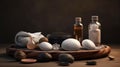 Scented candles, oil and stones for massage on the table. The concept of beauty and relaxation. AI generated