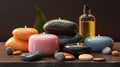 Scented candles, oil and stones for massage on the table. The concept of beauty and relaxation. AI generated