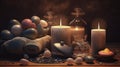 Scented candles, oil and stones for massage on the table. The concept of beauty and relaxation. AI generated