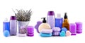 Scented candles, soaps, shampoos and other cosmetics with lavender extract isolated on white. Collage. Wide photo