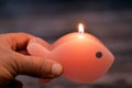 scented fish shaped candle, A candle is an ignitable wick embedded in wax, or another flammable solid substance such as tallow, Royalty Free Stock Photo