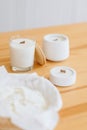 Scented Handmade Candles in Glass with Wooden Lid, Plaster Mold Royalty Free Stock Photo