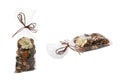 Scented sachets with potpourri on white background, collage