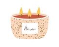 Scented soy wax candle. Modern three-wicked aromatic decoration for cosy home interior. Decorative romantic candlelight