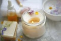 Scented spa candle setting composition, selective focus Royalty Free Stock Photo