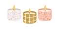 Scented wax candles. Modern aromatic decoration for cosy home interior. Decorative burning candlelight. Natural romantic